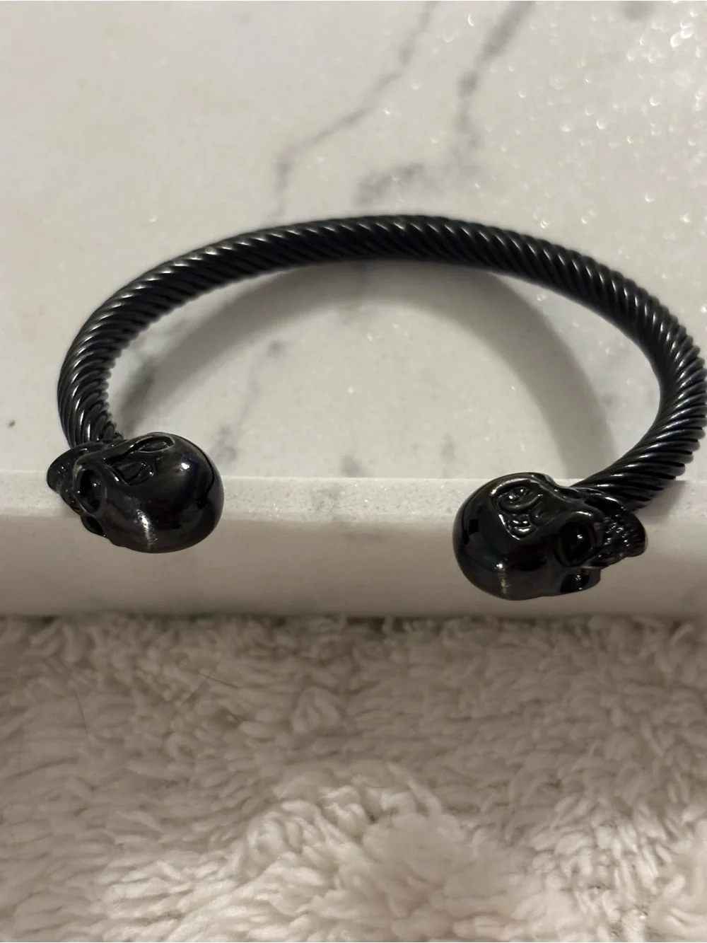 Men's Black Twisted Cable Cuff Bracelet with Skull End Caps